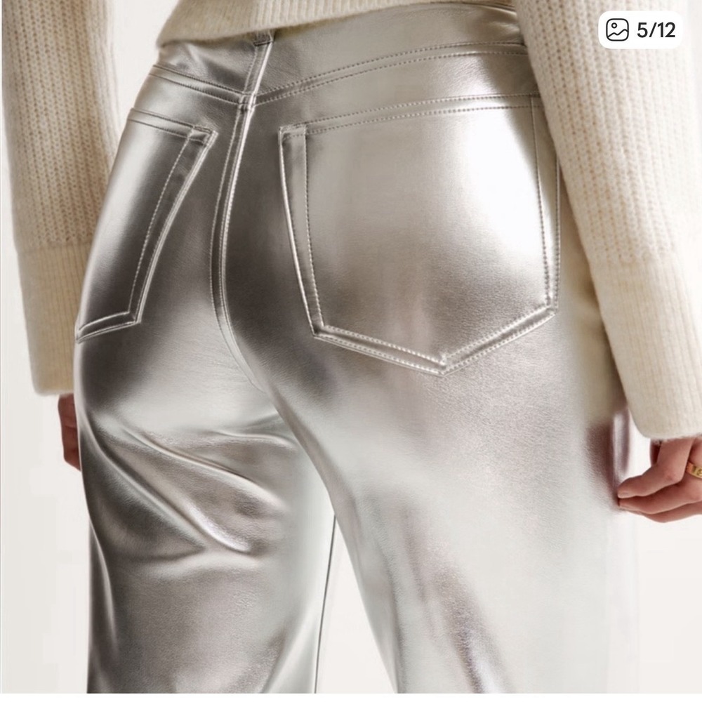 Abercrombie & Fitch 90's Straight Y2K Ultra High Rise Silver Vegan Leather Pants - Picture 3 of 4